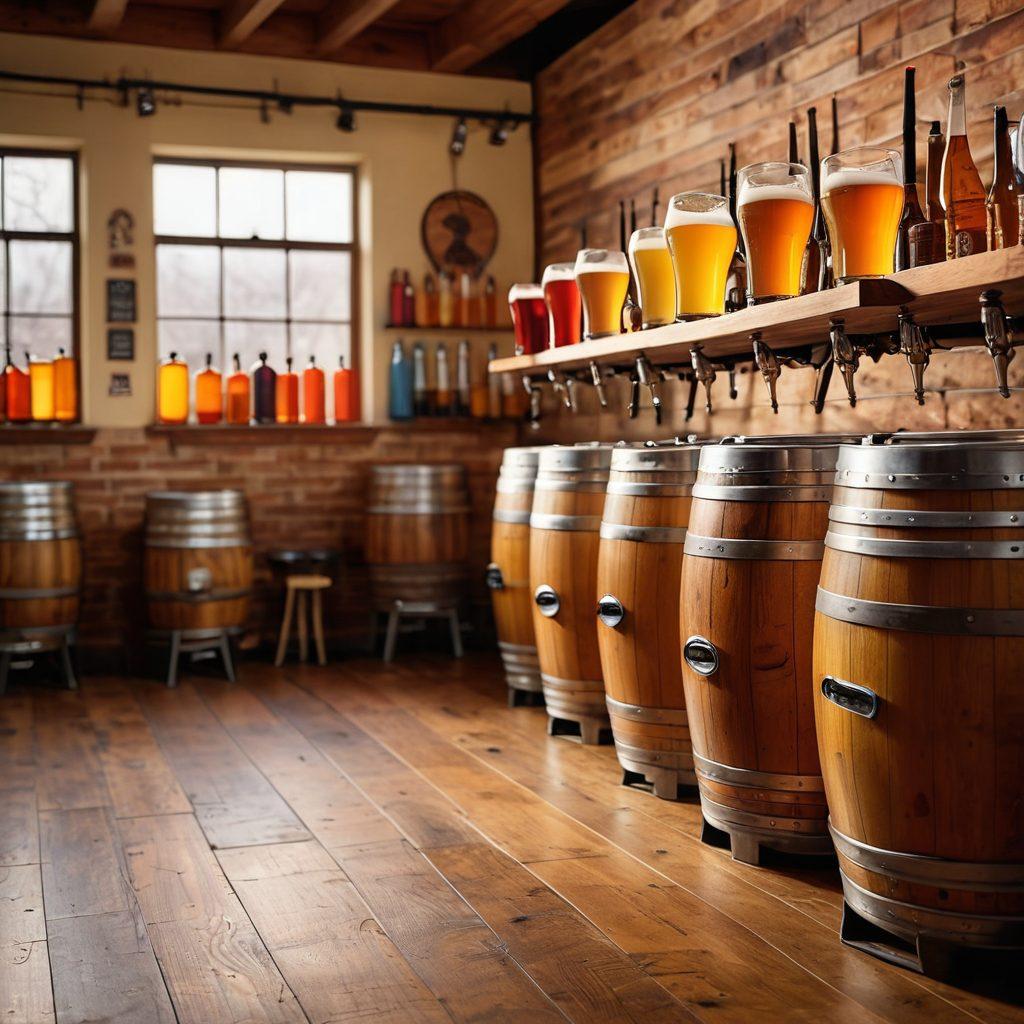 A vibrant brewery scene showcasing an artisan craft beer setup, with colorful beer taps, frothy mugs of beer, and barrels stacked in the background. Include a warm and inviting atmosphere, with people clinking glasses and laughter in the air, complemented by hops and grains scattered artistically around. Emphasize rich amber and golden beer hues, with soft natural lighting. super-realistic. vibrant colors. artisan style.