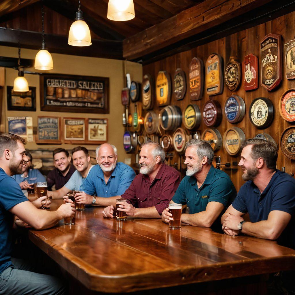 A cozy, rustic tavern scene showcasing a variety of craft beers on tap, with Todd, a cheerful middle-aged man, engaging with a group of diverse friends at a wooden bar. The background features vibrant beer labels and colorful barrels, highlighting the local brewery culture. Soft, warm lighting adds to the inviting atmosphere, emphasizing camaraderie and exploration. super-realistic. vibrant colors. warm tones.