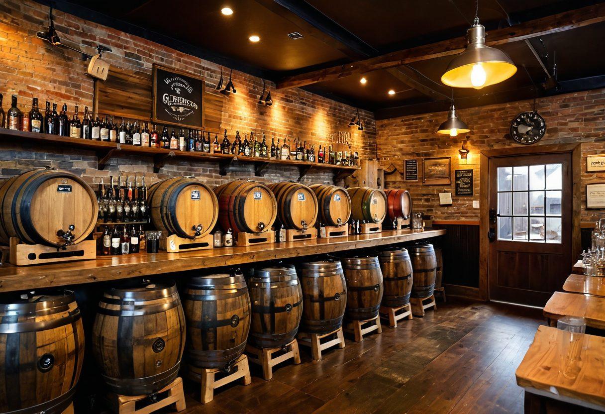 A rustic brewery setting with wooden barrels, hops vines, and a steaming kettle. Show Todd, a middle-aged craftsman, pouring a golden, frothy beer into a glass, surrounded by colorful labels of various artisan beers he brews. The background features a cozy, dimly lit tasting room with patrons enjoying beers. The image should evoke a sense of craftsmanship and passion for brewing. painting. warm tones. cozy atmosphere.